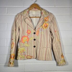 Johnny Was Multicolor Floral Embroidered Stripe Blazer Boho Hippie Office Medium